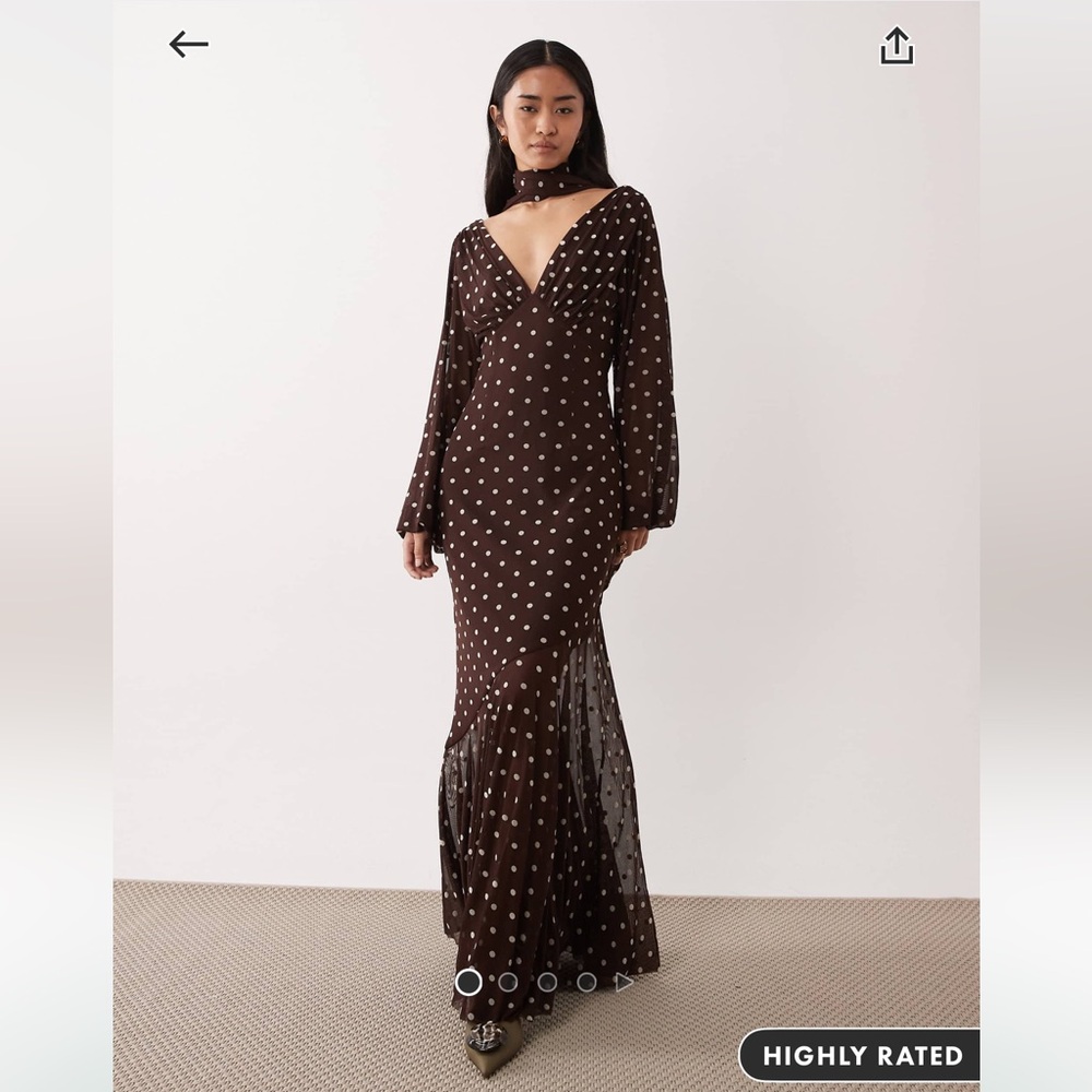 Pretty Lavish mesh scarf detail maxi dress in brown polka dot ASOS Size 10